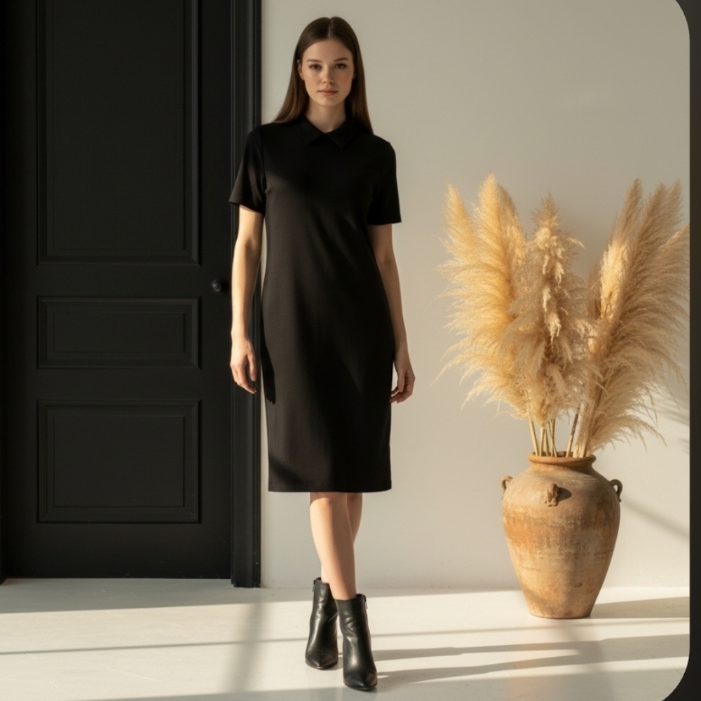 Piphany Classic Black Midi Dress Short Sleeve Collard Size Large - Picture 7 of 7